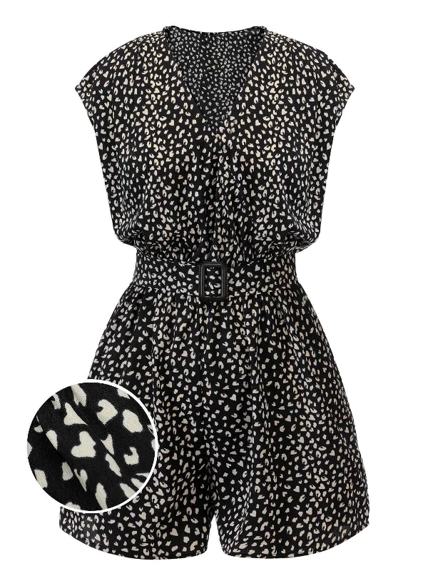 Black 1950s Printed V-Neck Belted Romper