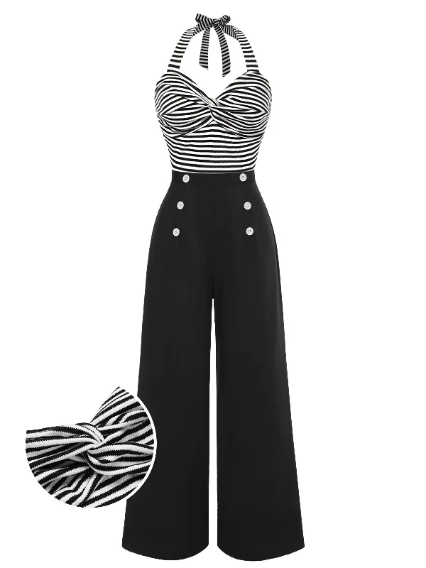 Black 1960s Stripe Knit Patchwork Halter Jumpsuit