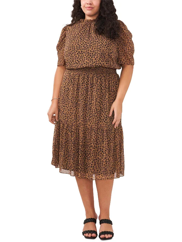 Plus Womens Smocked Calf Midi Dress