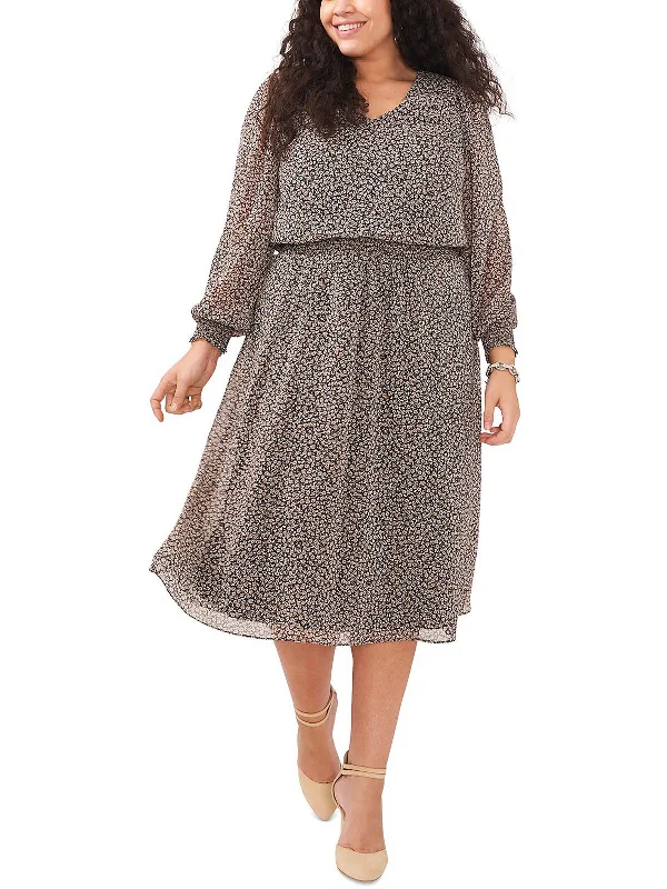 Plus Womens Smocked Metallic Midi Dress