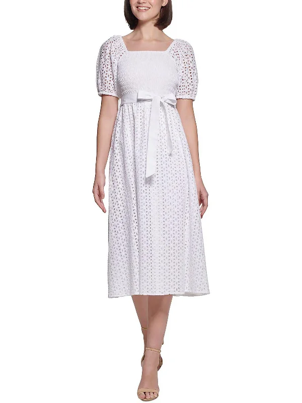 Womens Eyelet Calf Midi Dress