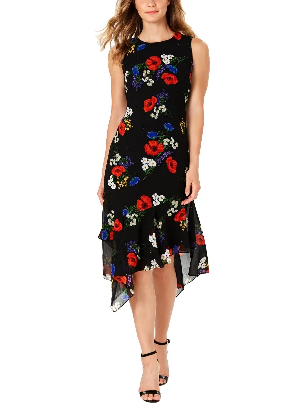 Womens Floral Print Ruffled Midi Dress