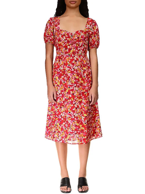 Womens Floral Puff Sleeve Midi Dress