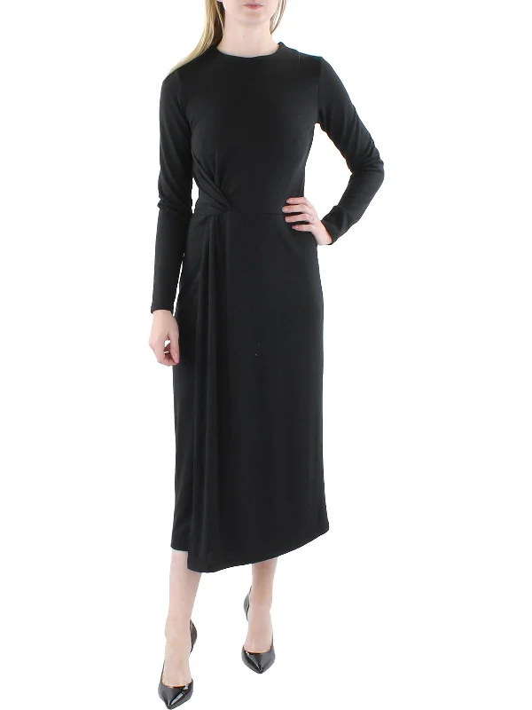 Womens Knot-Front Crewneck Midi Dress