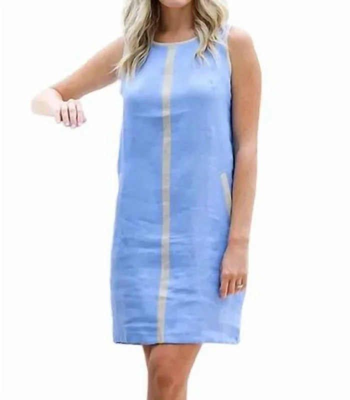 Crew Neck Mini Dress In Sky Denim/gold Stripe