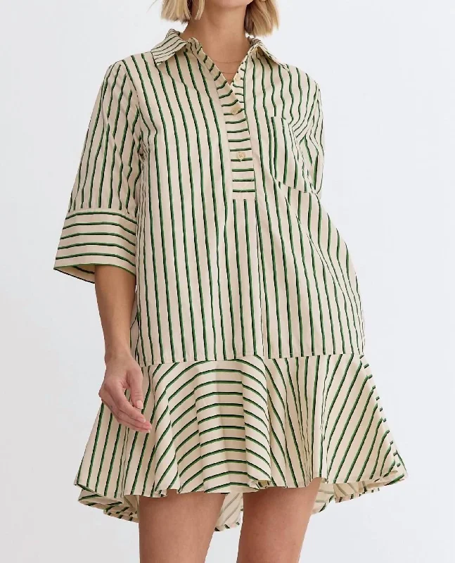 Half-Sleeve Collared Mini Dress In Green + Black