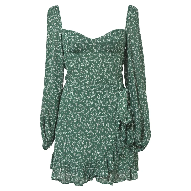 Reformation Ruffled Cammi Floral Print Mini Dress in Green Viscose