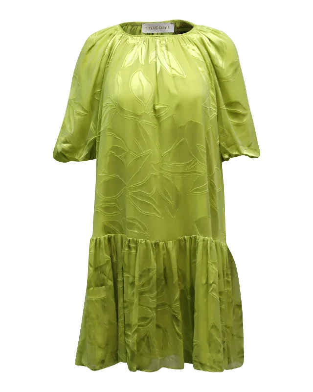 Stine Goya Pleated Lemon Mini Dress in Green Viscose