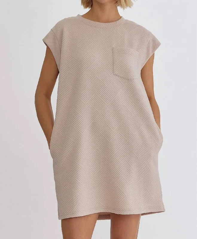 Textured Round Neck Mini Dress In Light Taupe