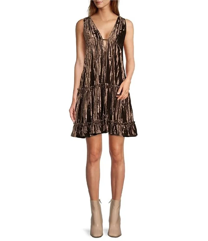 Tiered Velvet Mini Dress In Brown