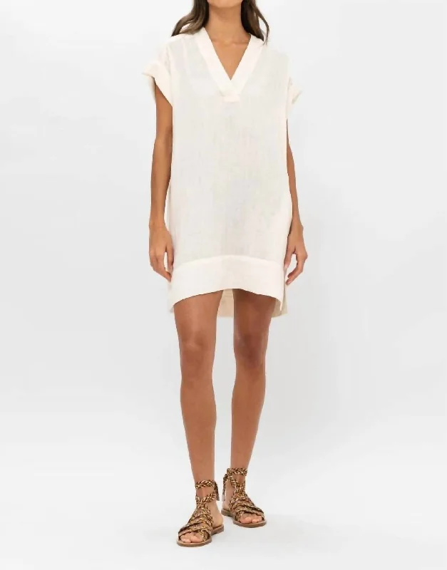 V-Neck Roll Sleeve Mini Dress In Bahama White