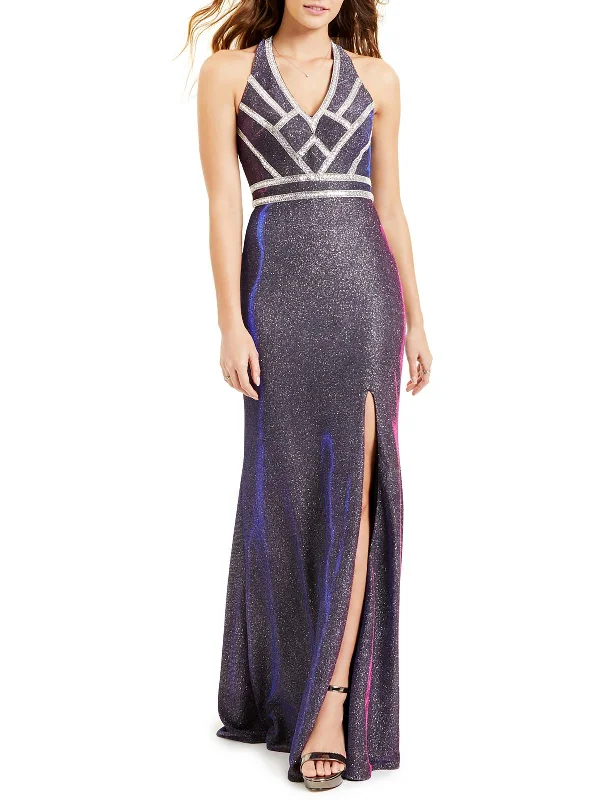 Juniors Womens Metallic Maxi Evening Dress