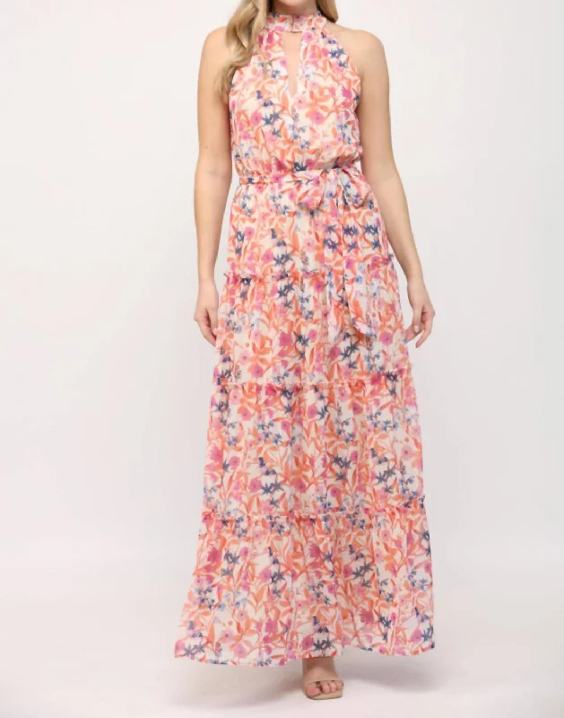 Keyhole Front Ruffle Hem Maxi Dress In Orange Multi Floral