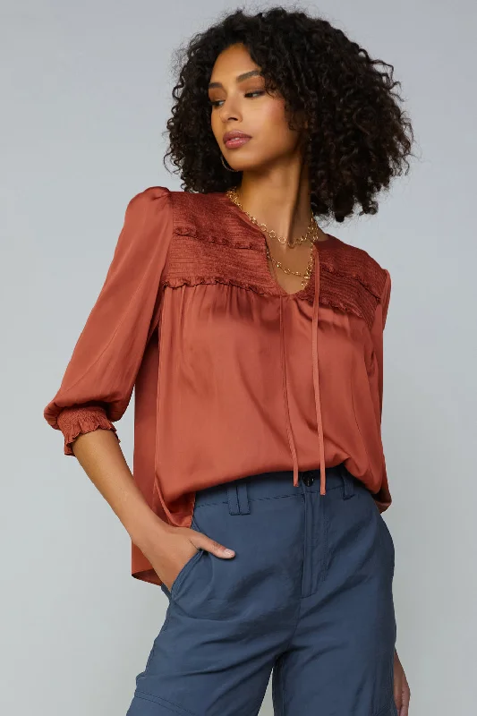 Smocked Split Neck Blouse