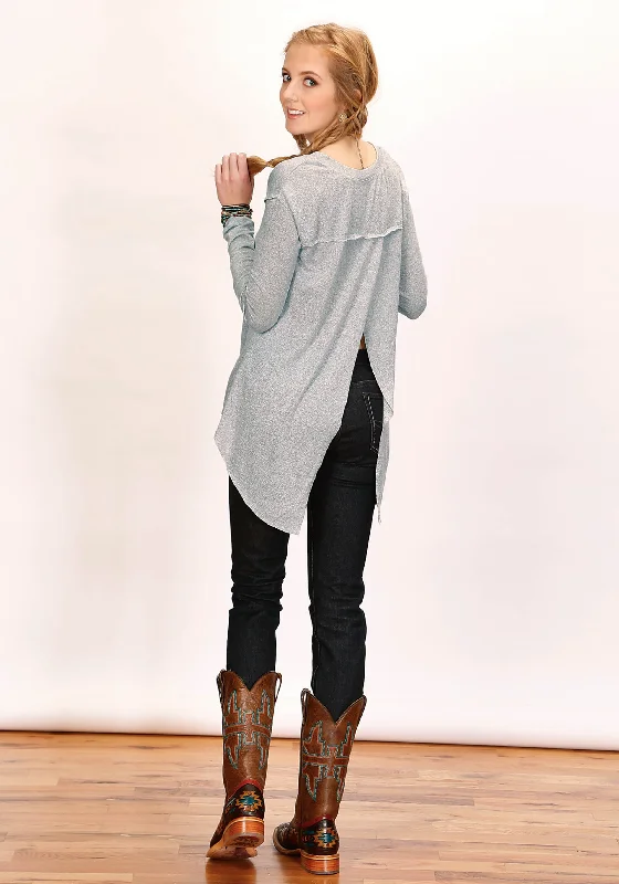 WOMENS LONG SLEEVE PULLOVER MELANGE GREY SWEATER JERSEY T SHIRT WITH THREE QUARTER SLEEVES SPLIT OPEN BACK