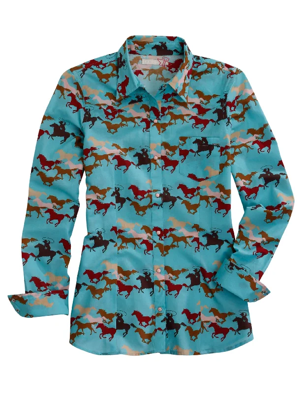 WOMENS LONG SLEEVE SNAP WILD MUSTANG PRINT WESTERN SHIRT