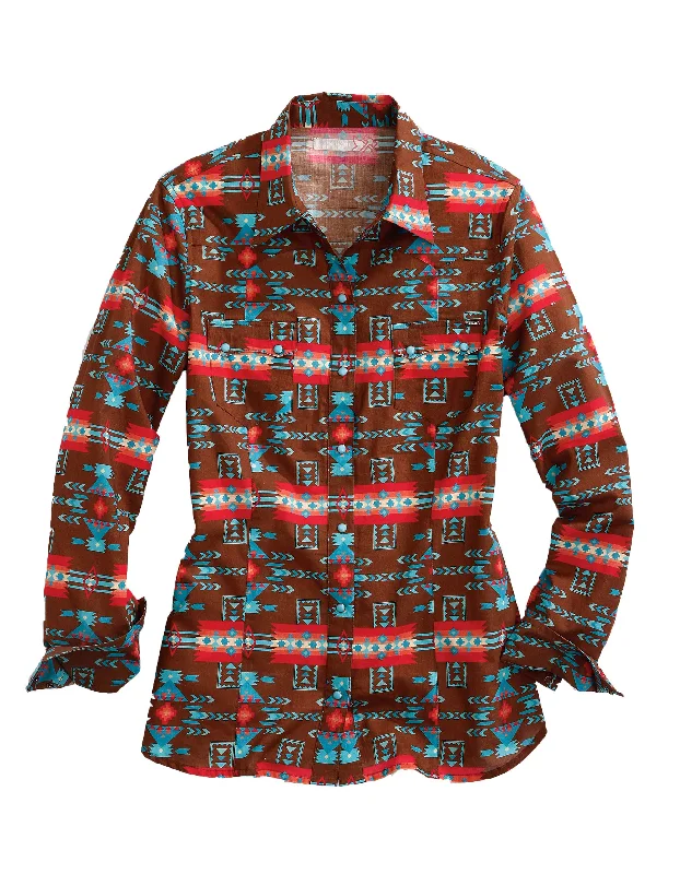 WOMENS LONG SLEEVE SNAP TURQUOISE AZTEC PRINT WESTERN SHIRT