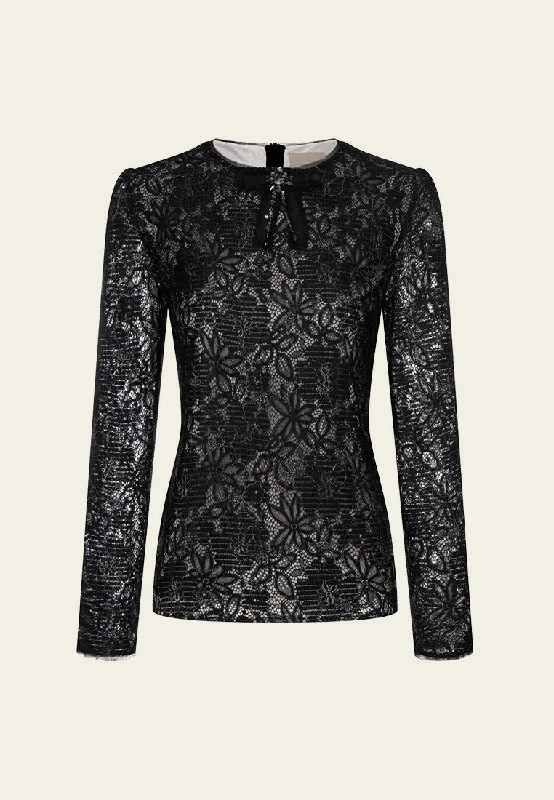 Lace-on-mesh Lurex-detail Crystal-embellished Bow-detail Shirt