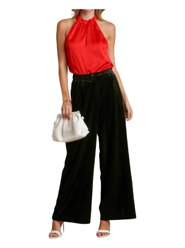 Velvet Pleated Dress Pants In Black