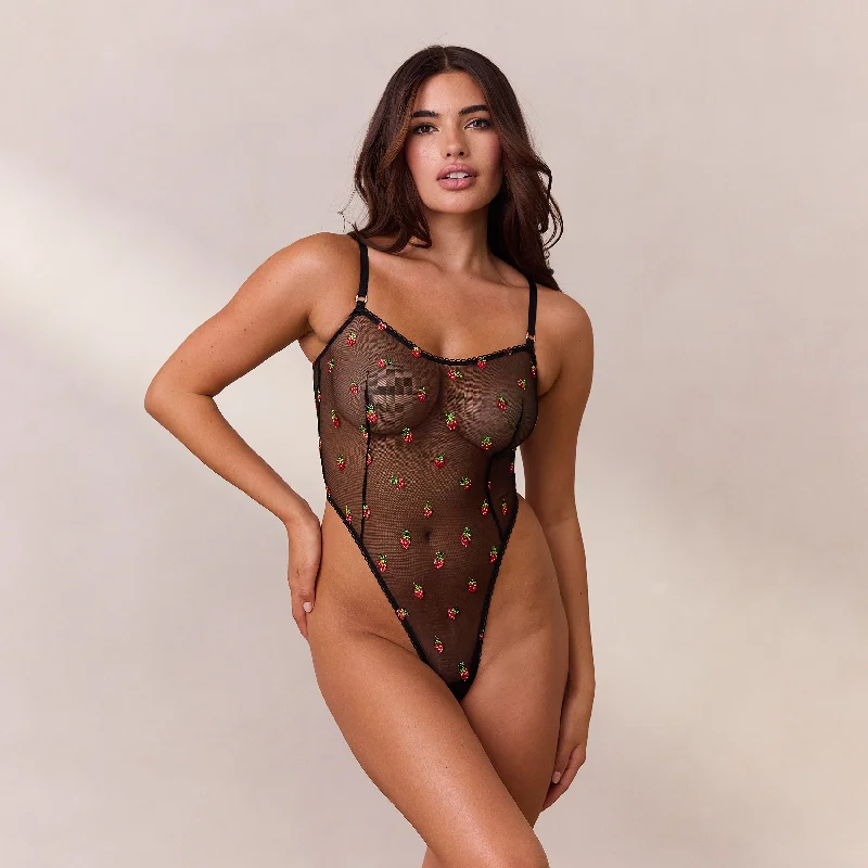 Sheer Strawberry Bodysuit - Black