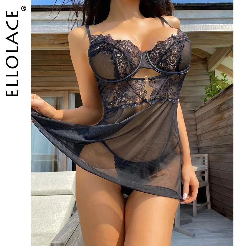 Ellolace Erotic Lingerie Lace Dress Sexy Nightdress Transparent Erotic Sensual Babydoll Sleepwear Fantasy Nightie