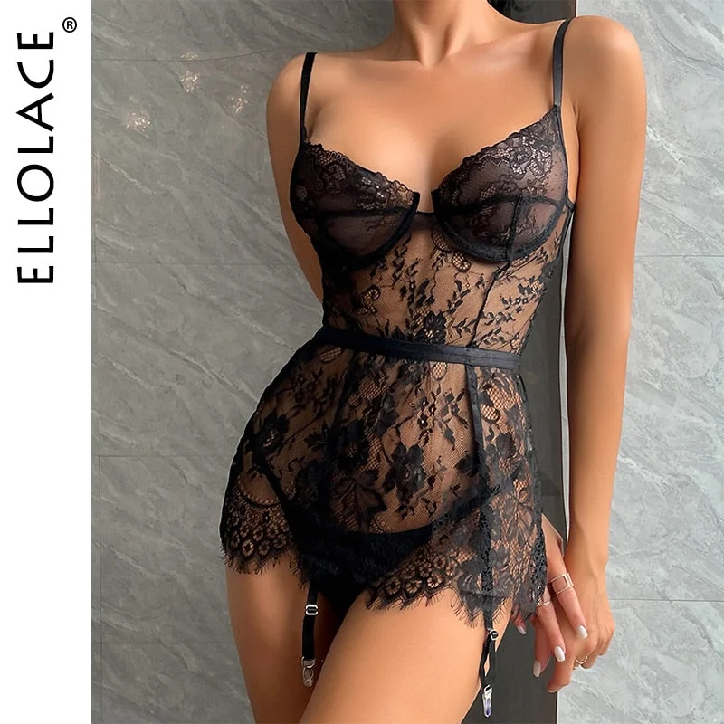 Ellolace Lace Sexy Sleepwear See Through Night Dress Mini Extreme Sexy Nightwear And Hot g-String Thongs Fantasy Short Dresses