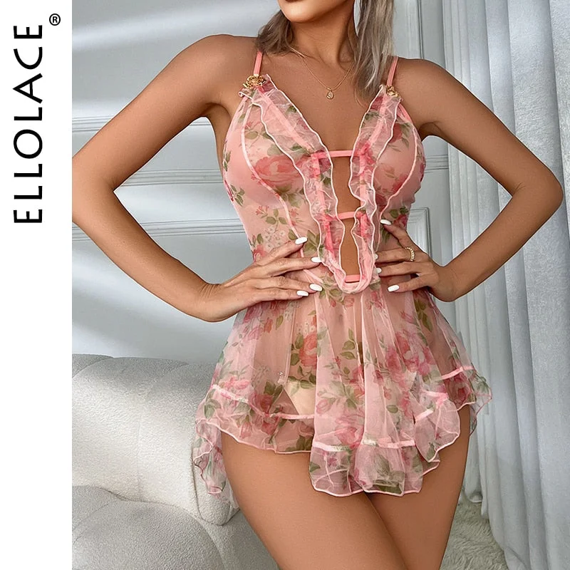 Ellolace See Through Night Dress Uncensored Floral Print Babydoll Transparent Lingerie Without Censorship Sheer Sexy Nightwear