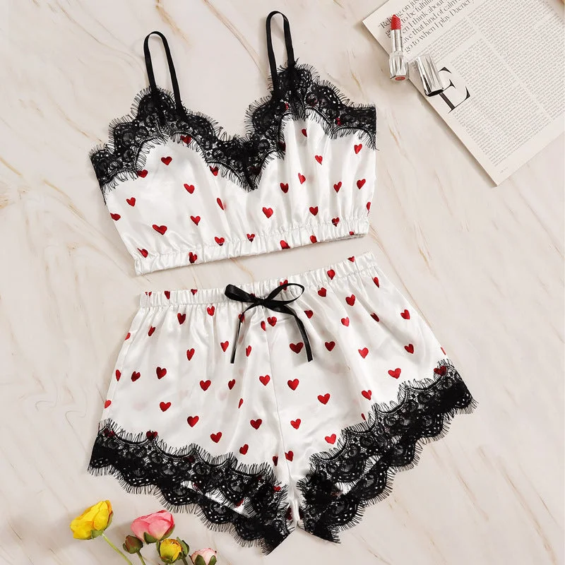 Heart Print with Lace Trim  Sleepwear