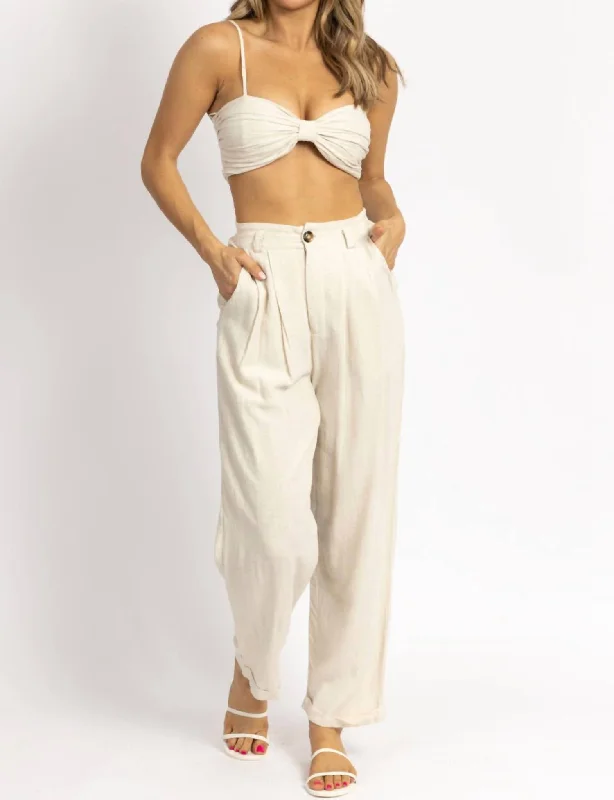 Linen Ruched Crop + Pant Set In Oatmeal