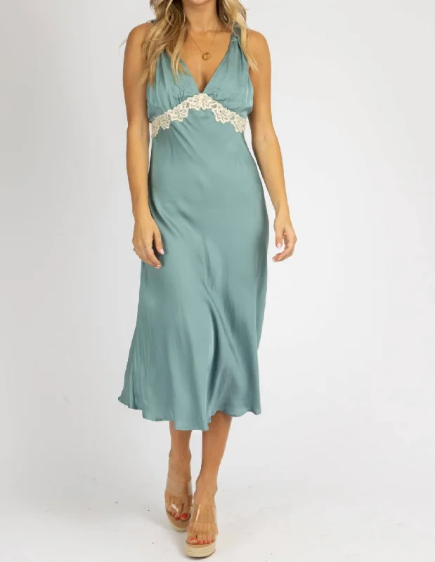 Moss Lace Midi Slip Dress In Green