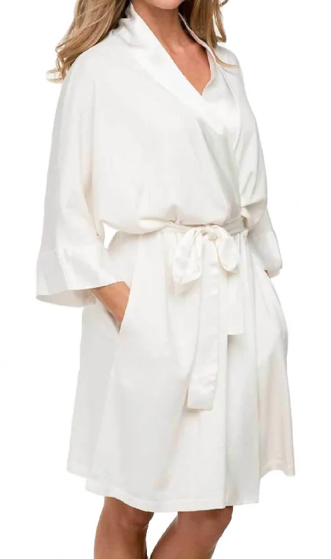 Shala Knit Robe With Pockets And Satin Trim In Pearl