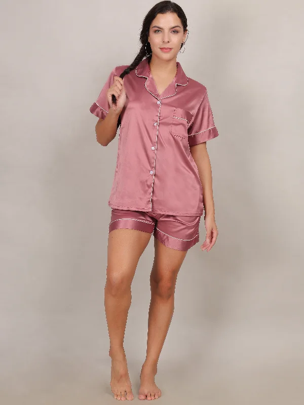 Women Solid Satin nighitwear Short Sleeve Shirt & Shorts Set for Women Lounge wear Nightsuit